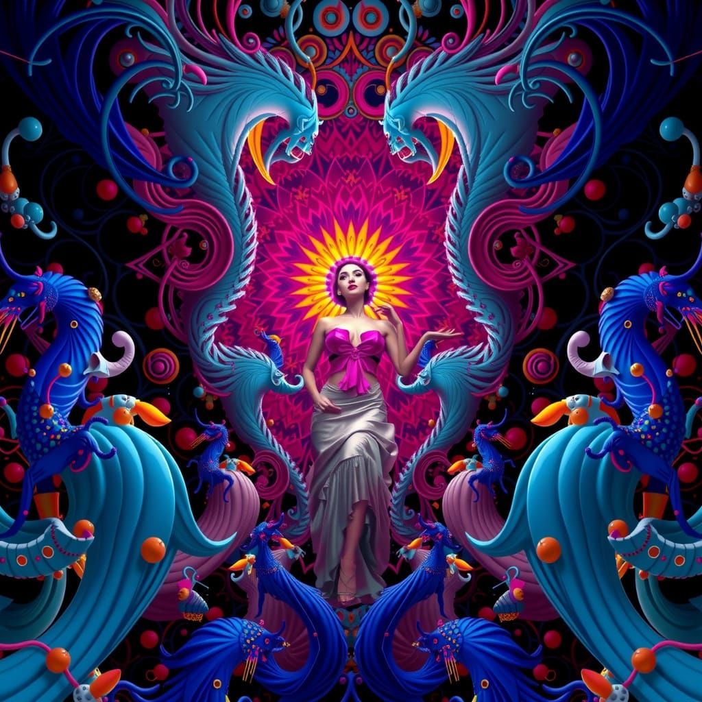 Elegant Woman in Maximalist Psychedelic Surrealist Scene