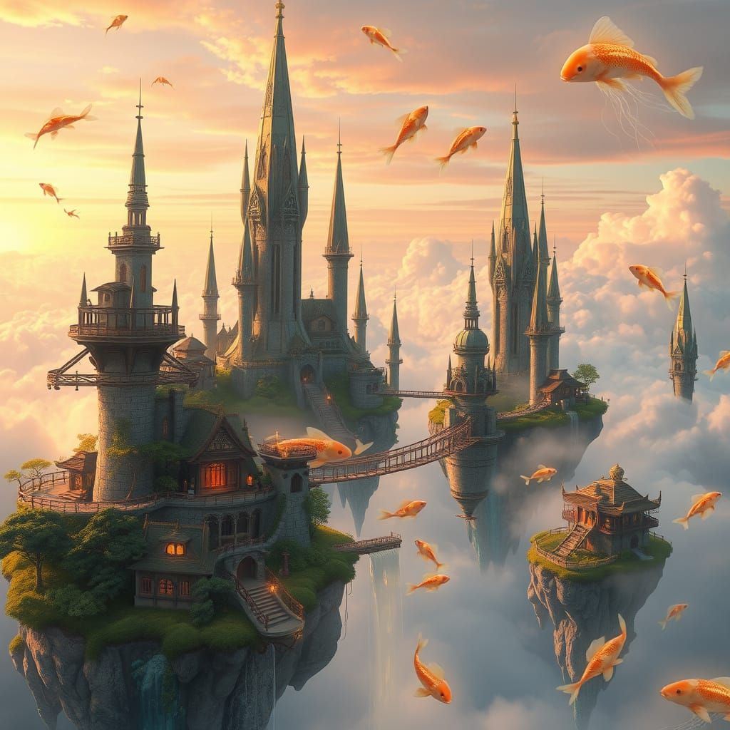 Ethereal Floating City with Majestic Koi
