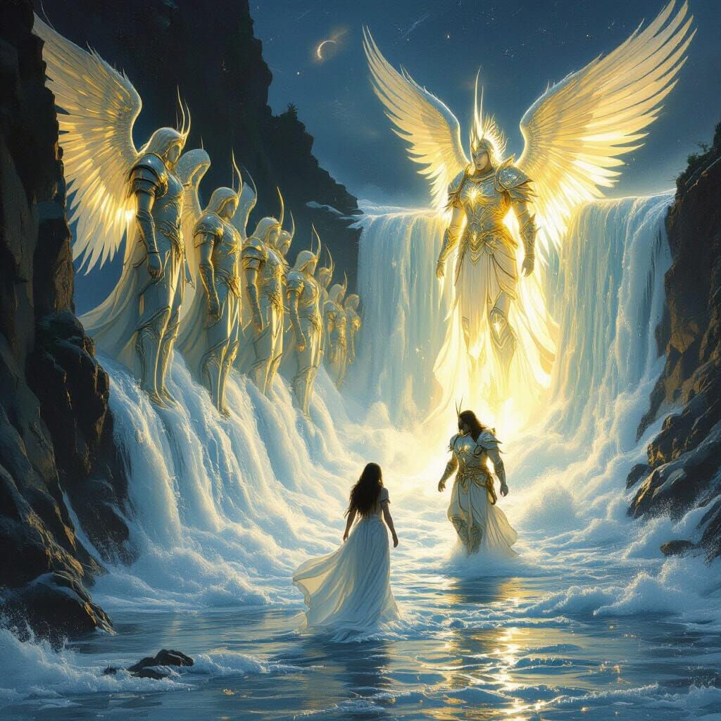 Angels Guide Woman Through Floodwaters in Surreal Night Scen...