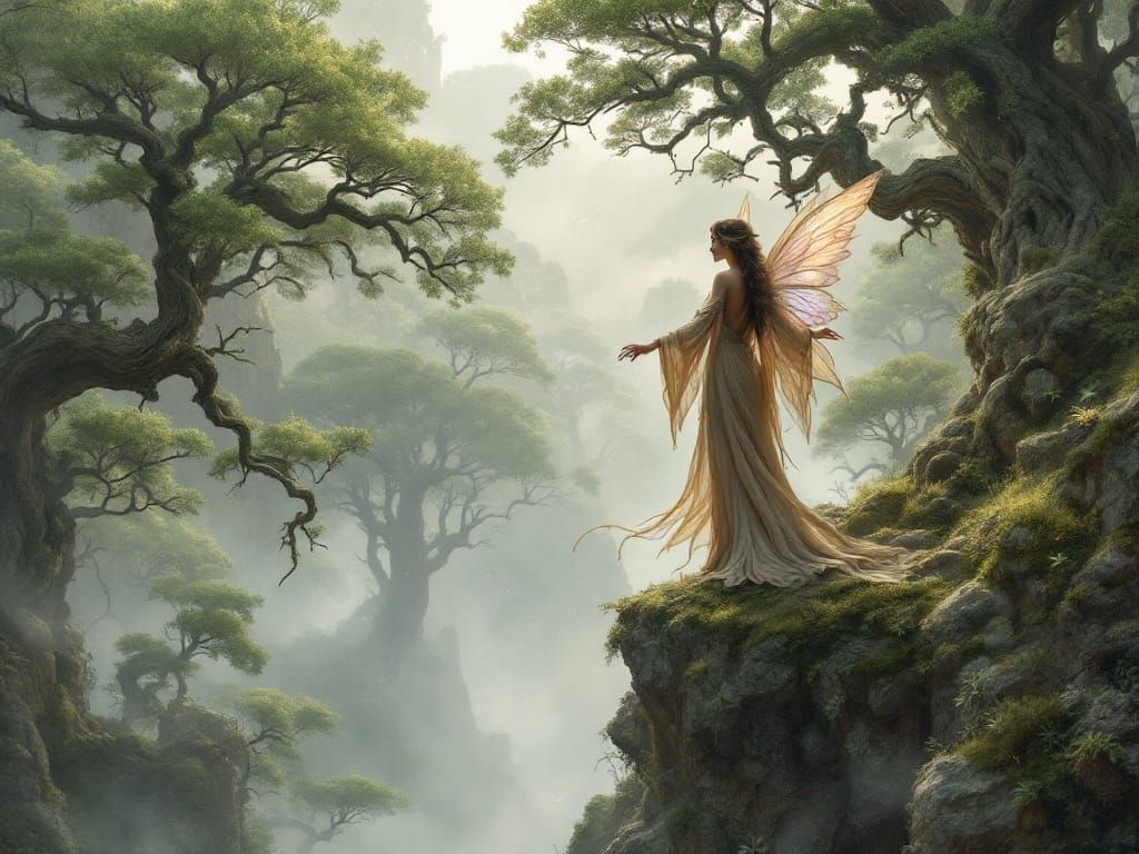 Fairy Guardian Overlooking Misty Valley in John Bauer Style