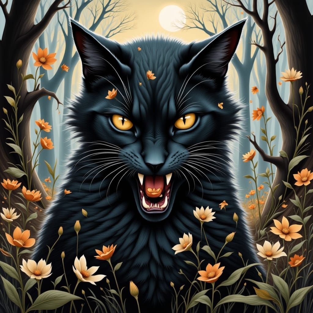 Mysterious Cursed Feline in Dark Scandinavian Folk Art Style