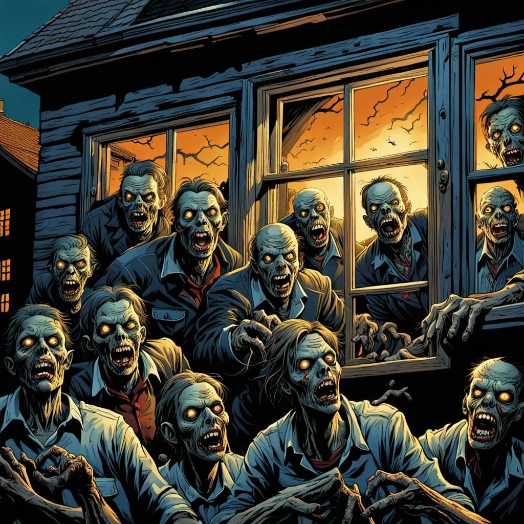 Zombies Attack House in Comic Book Art Style