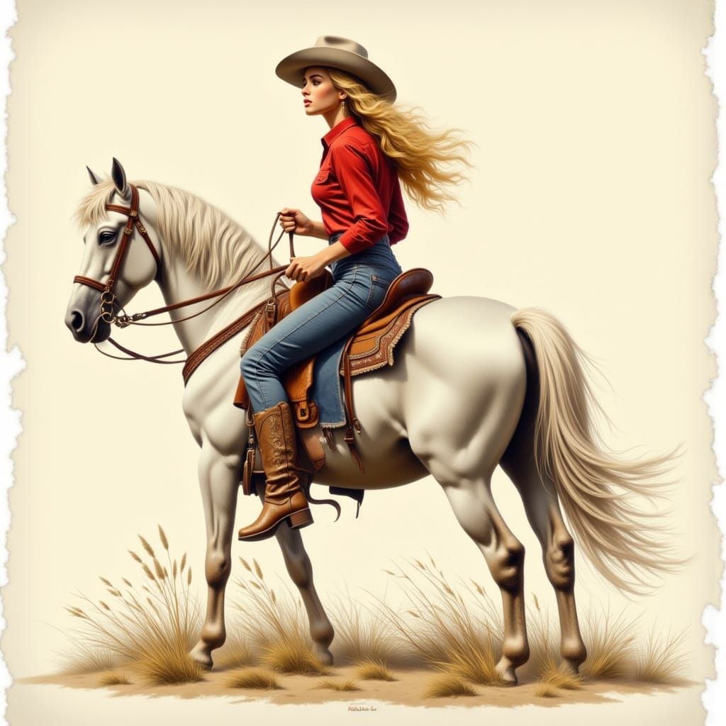 Cowgirl Rides West in Vintage Poster Art Style