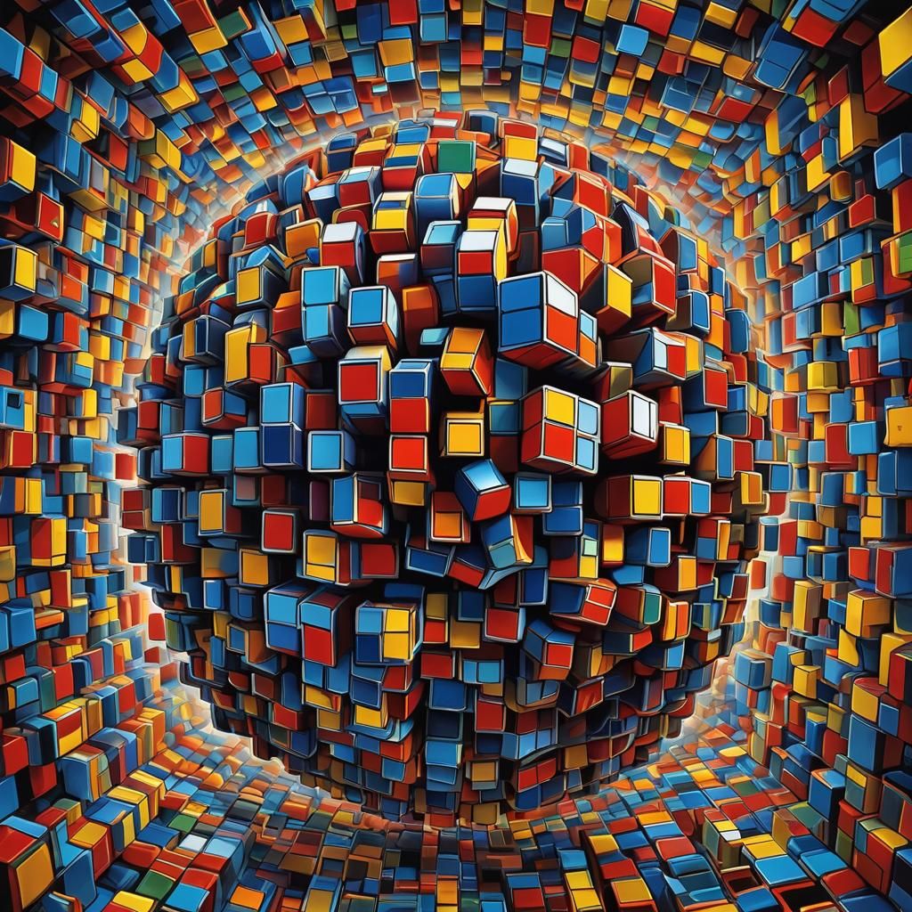 Surreal Human Brain as Rubik's Cube in Neon Lighting