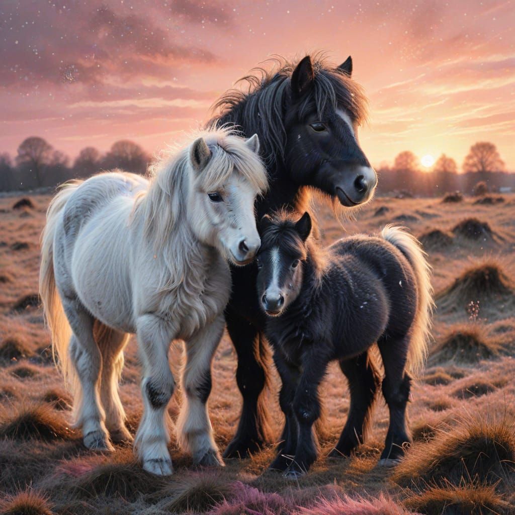 Shetland Pony and Foal: Charcoal Drawing on Windswept Moor