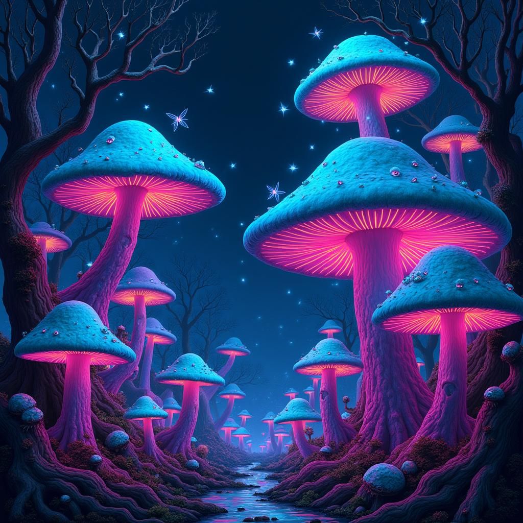 Luminescent Mushroom Forest with Glowing Eyes