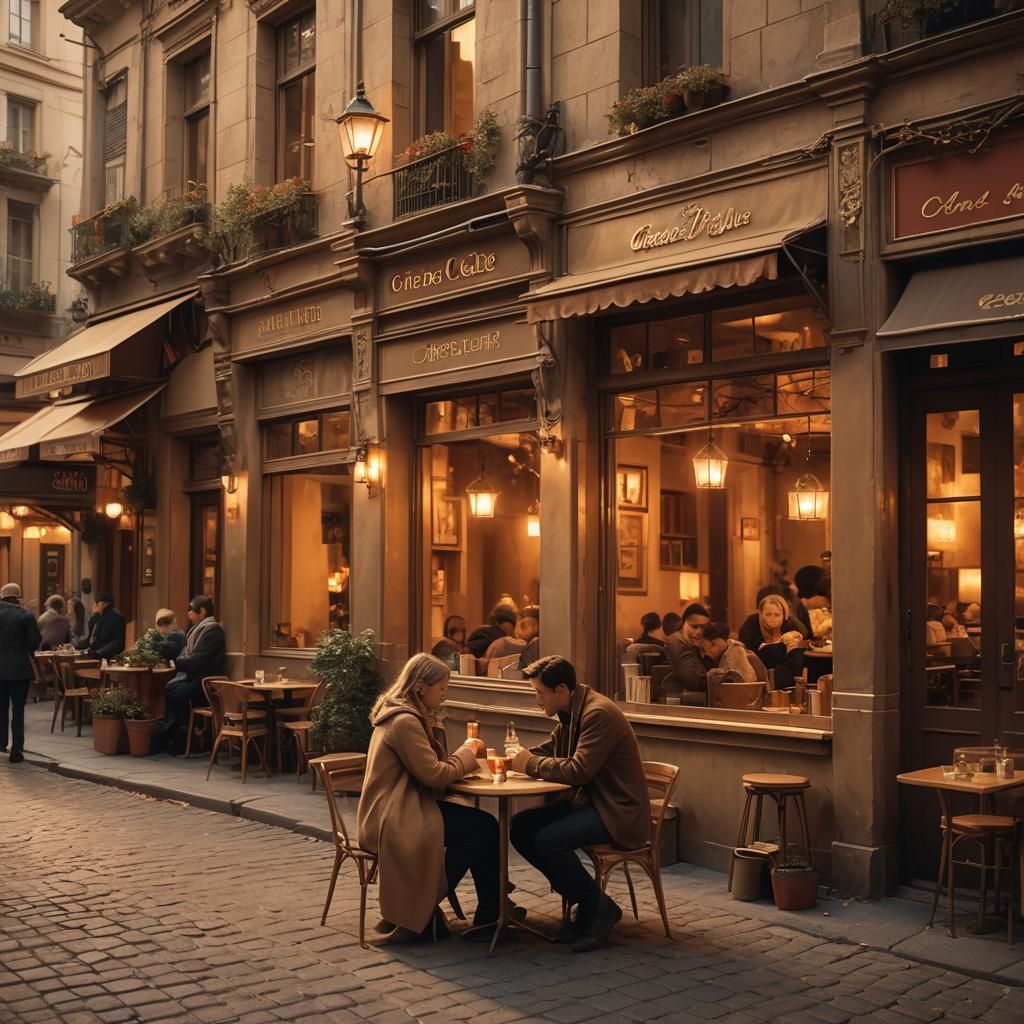 Romantic Cafe Scene in Matte Painting Style