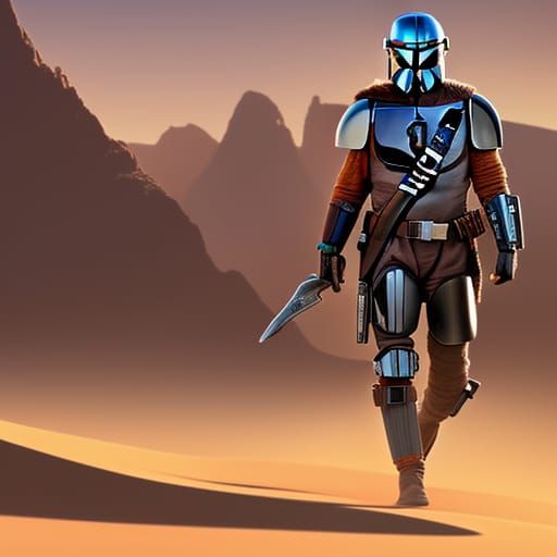 Hyperrealistic Mandalorian in Desert: Digital Matte Painting