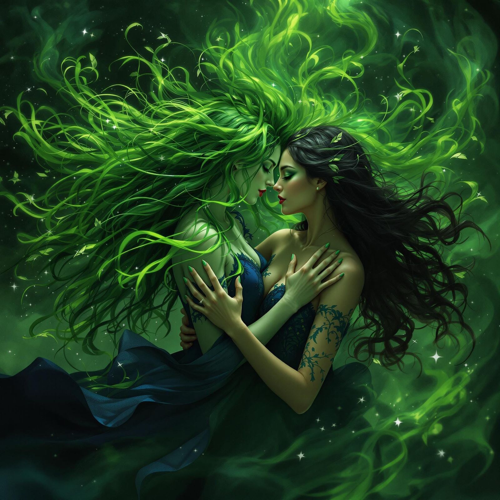 Enchanting Scene of Feminine Harmony in Vibrant Green