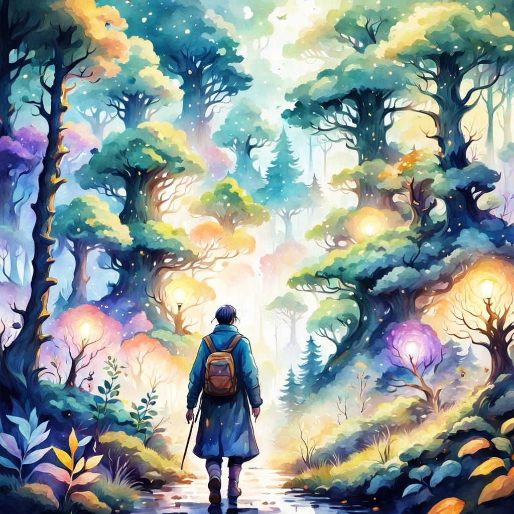 Mystical Forest Traveler in Vibrant Watercolor Style