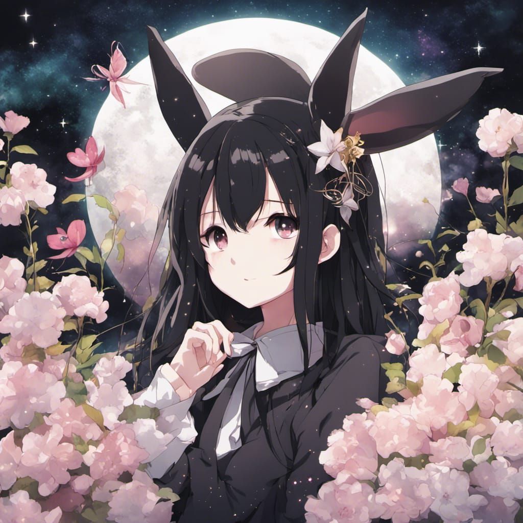 Black Rabbit in Starry Flower Field: Anime Style