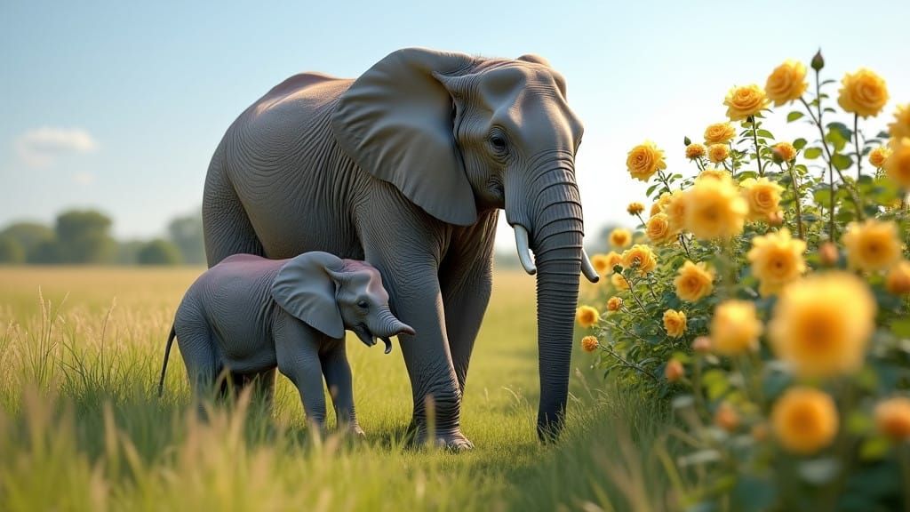 Hyper-Realistic Elephant Family in a Field of Roses