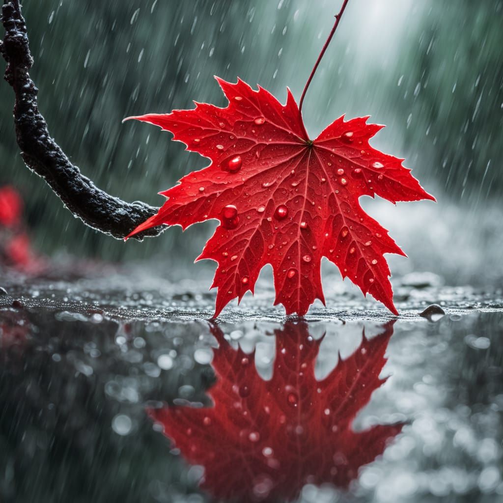 Red Maple Leaf in Rainy Forest