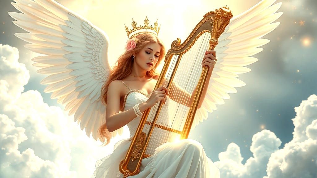 Radiant Angel Plays Harp in Heaven