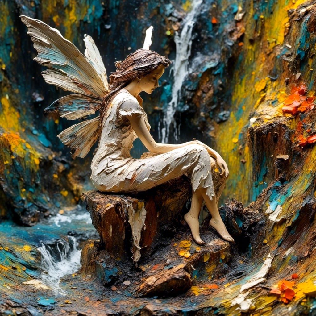 Impasto Sculpted Faerie by Stream in Primitive Style