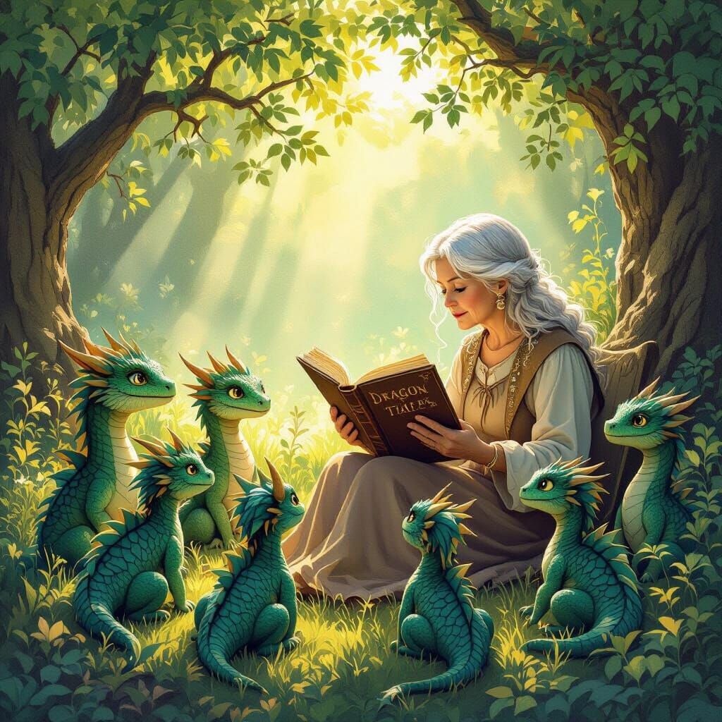 Fantasy Illustration of Woman Reading to Young Dragons