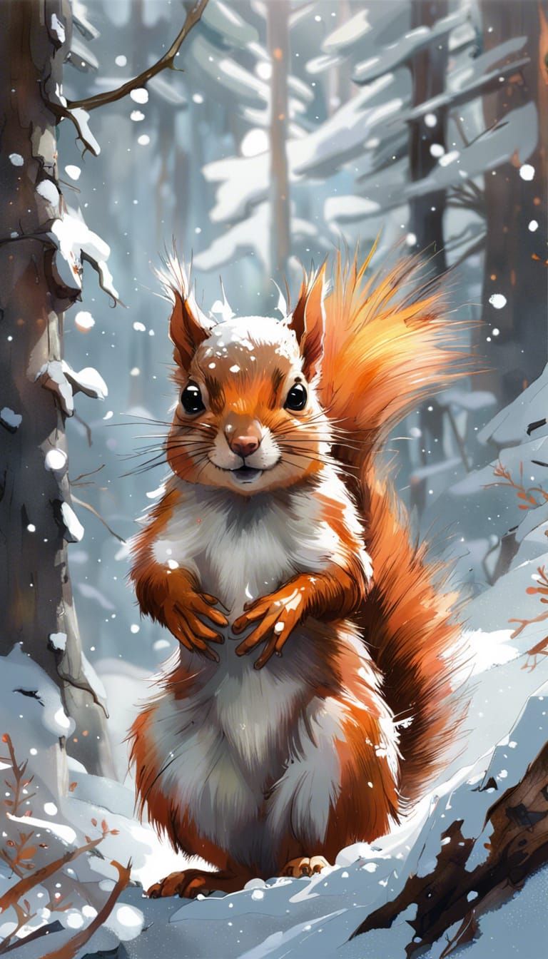 Detailed Squirrel Portrait in Snowy Forest