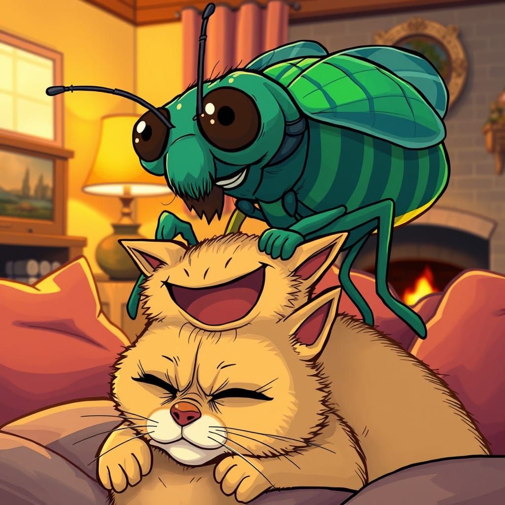 A giant cartoonish flea sitting on top of a cat, laughing. T...