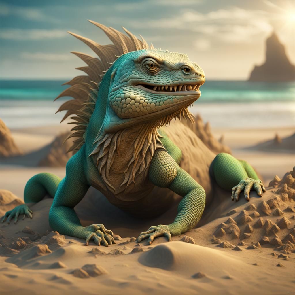 Detailed Sand Iguana Sculpture on a Beach