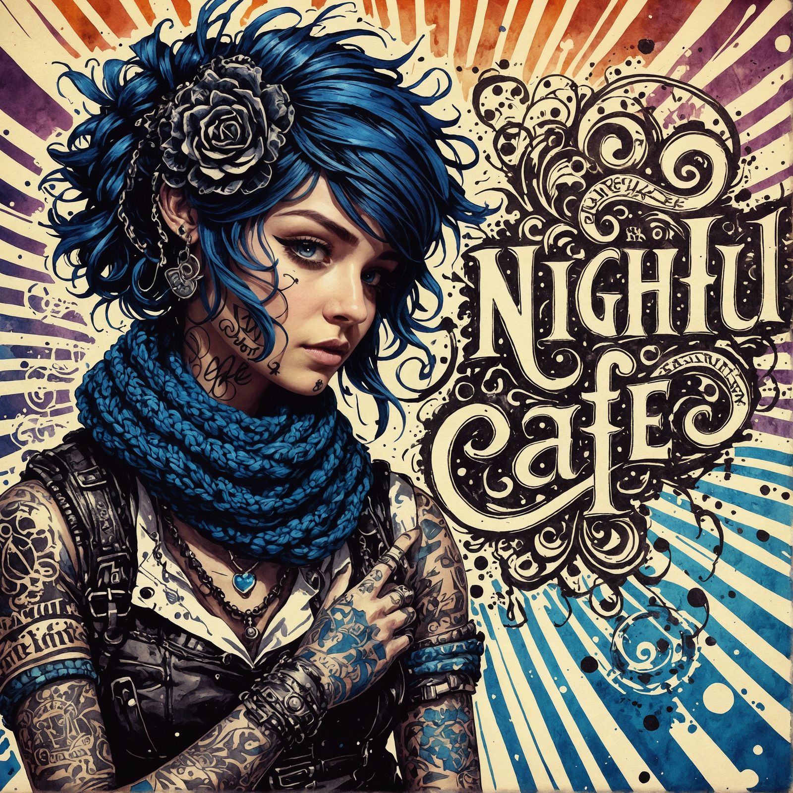 Detailed Ink Lettering of Night Cafe with Punk Girl