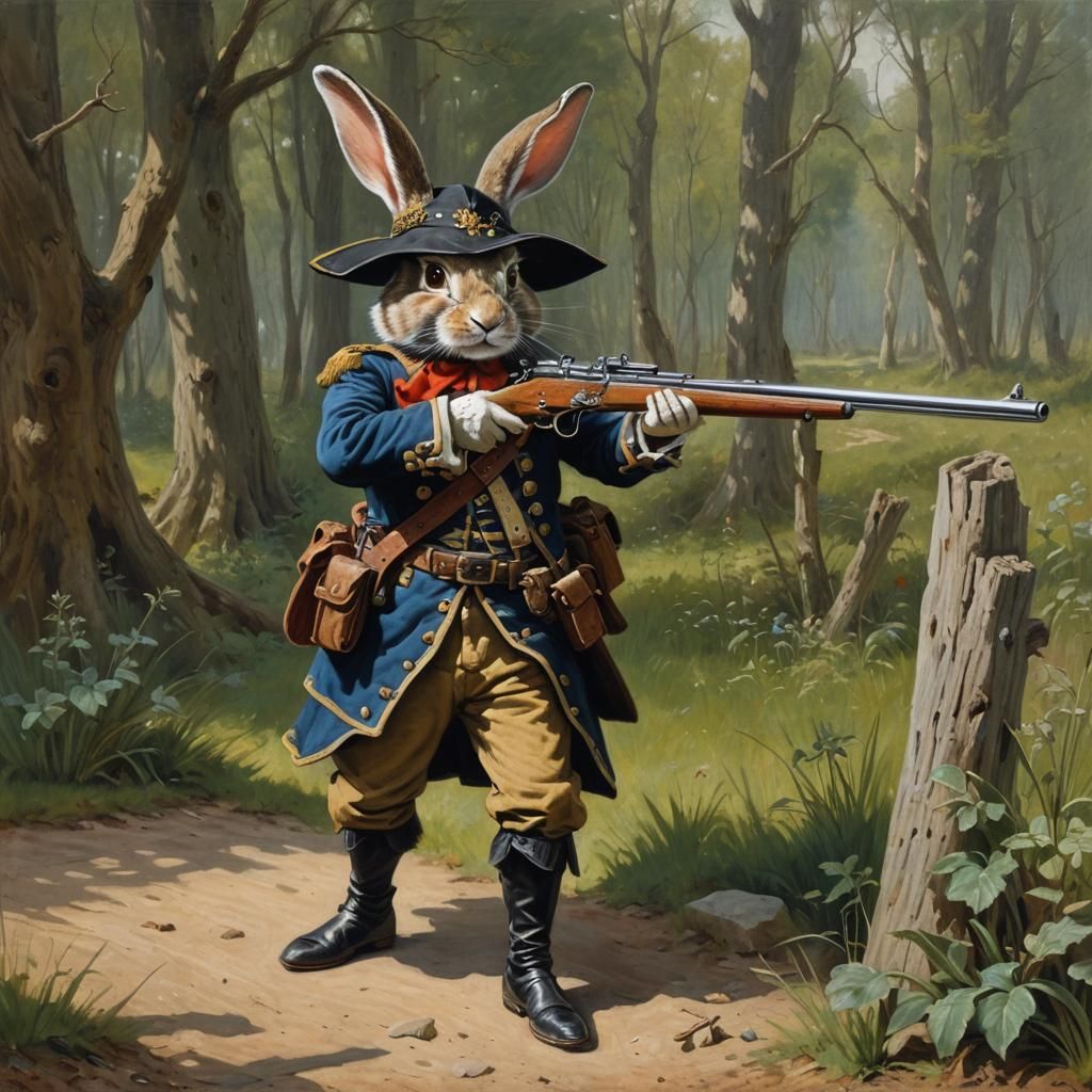 Rabbit Musketeer Soldier Aiming Rifle: Oil Painting