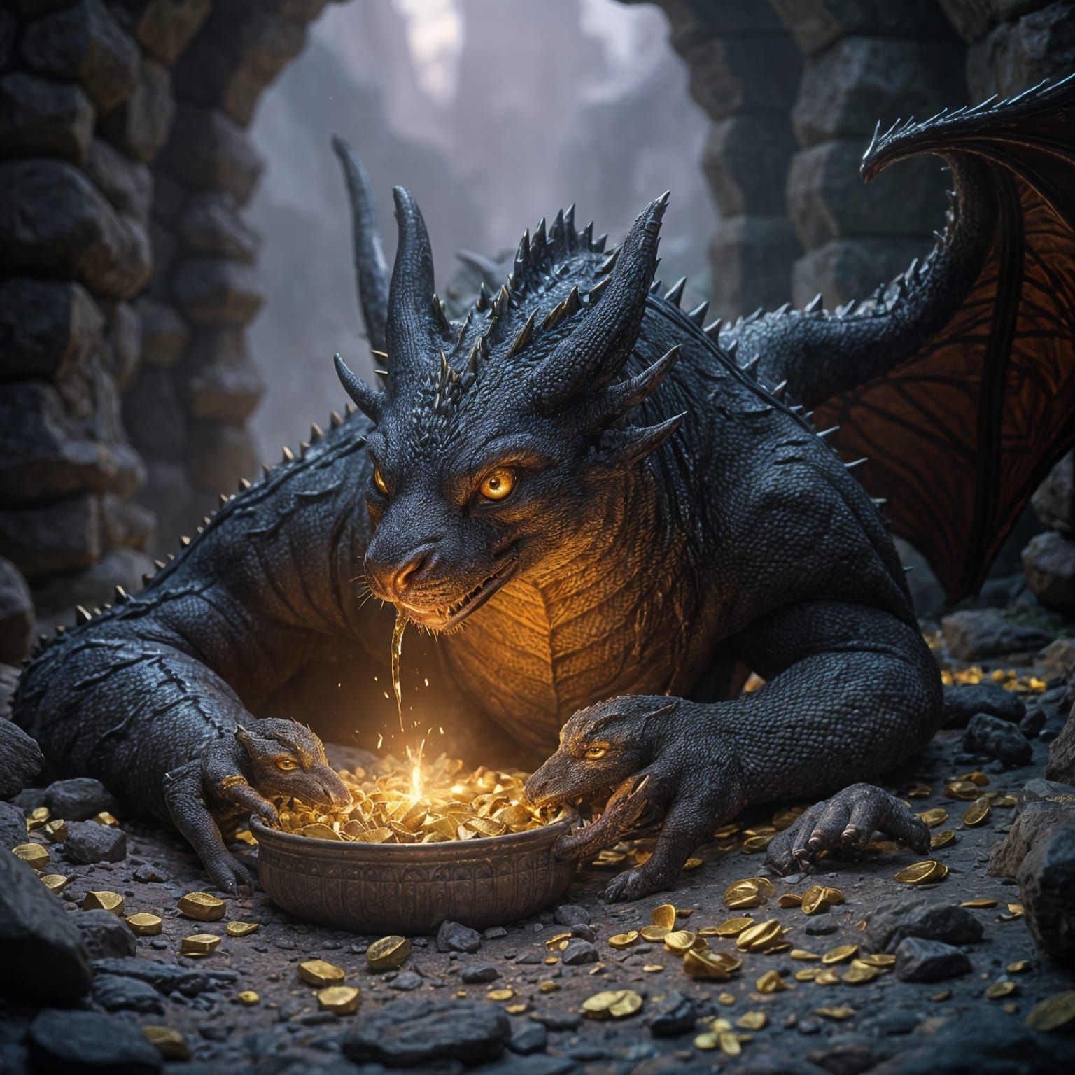 Dragon Cat Hoards Treasure in Dark Fantasy Castle
