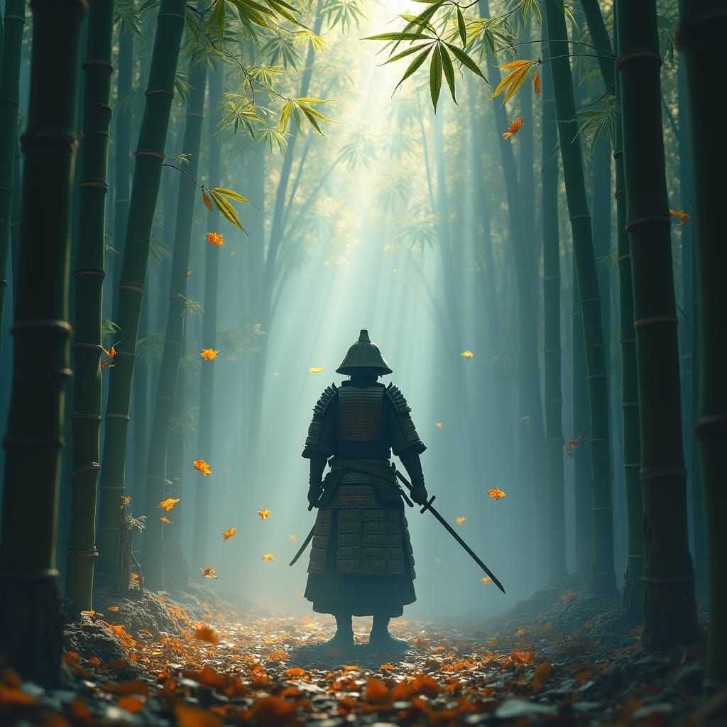 Lone Samurai in Misty Bamboo Forest: Detailed Matte Painting