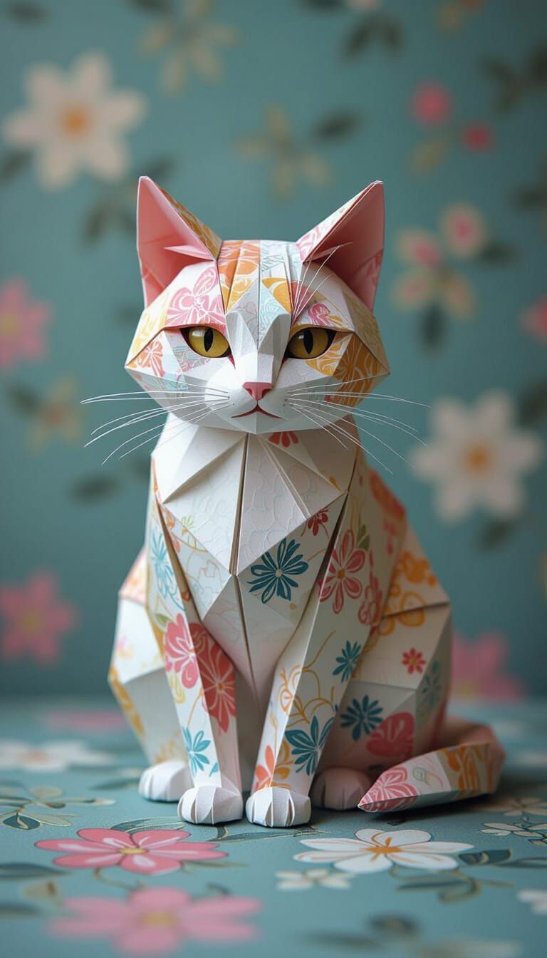 Origami Cat in Vibrant Paper Art Style