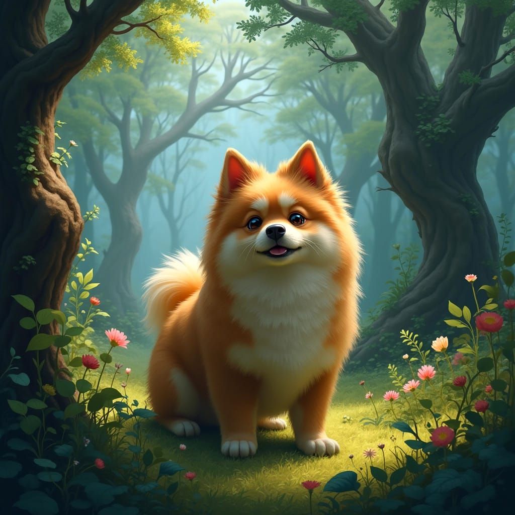 Cute Dog in Woods: Detailed Fantasy Concept Art