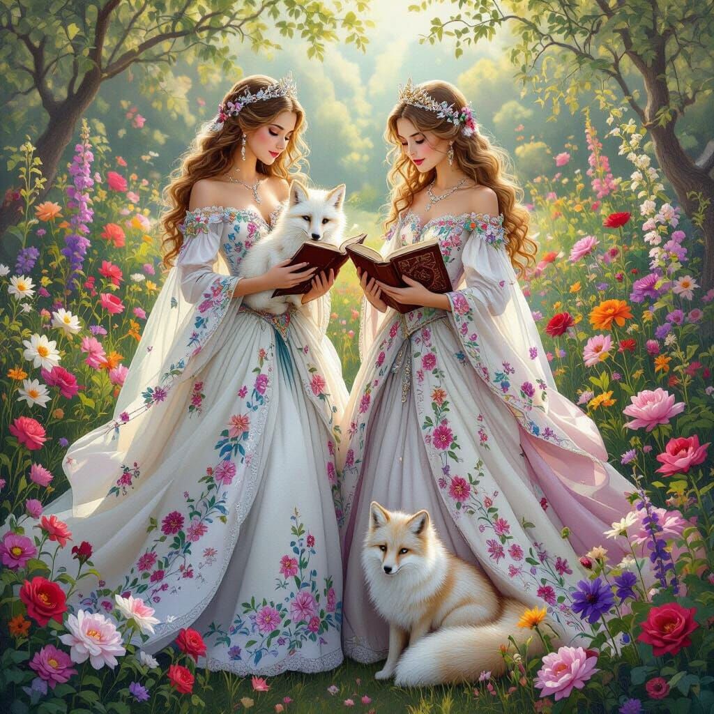 Fantasy Twin Princesses in Whimsical Garden Setting