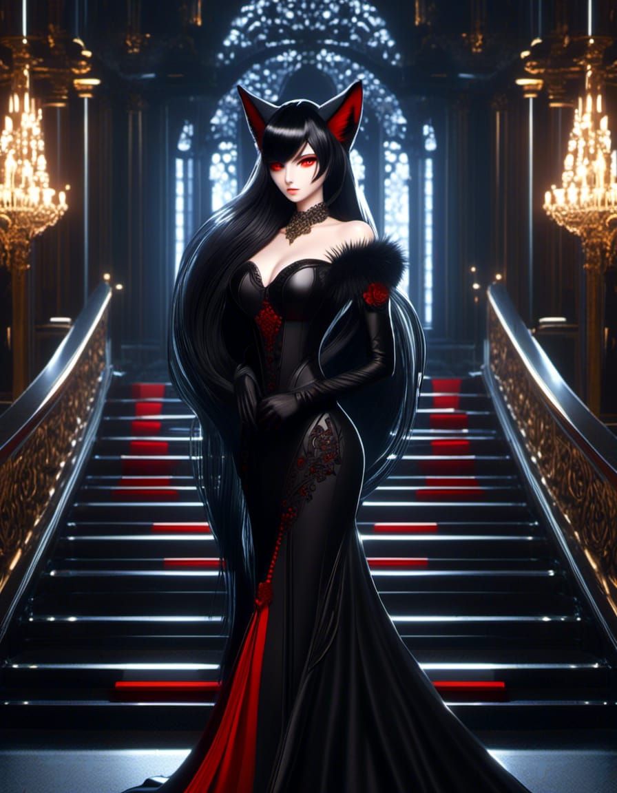 Beautiful Fox Girl, Long Black Hair, Red Eyes, Black Fox Ears, Black Fox Tail, Black Wedding Dress, in Dark Wedding Hall...