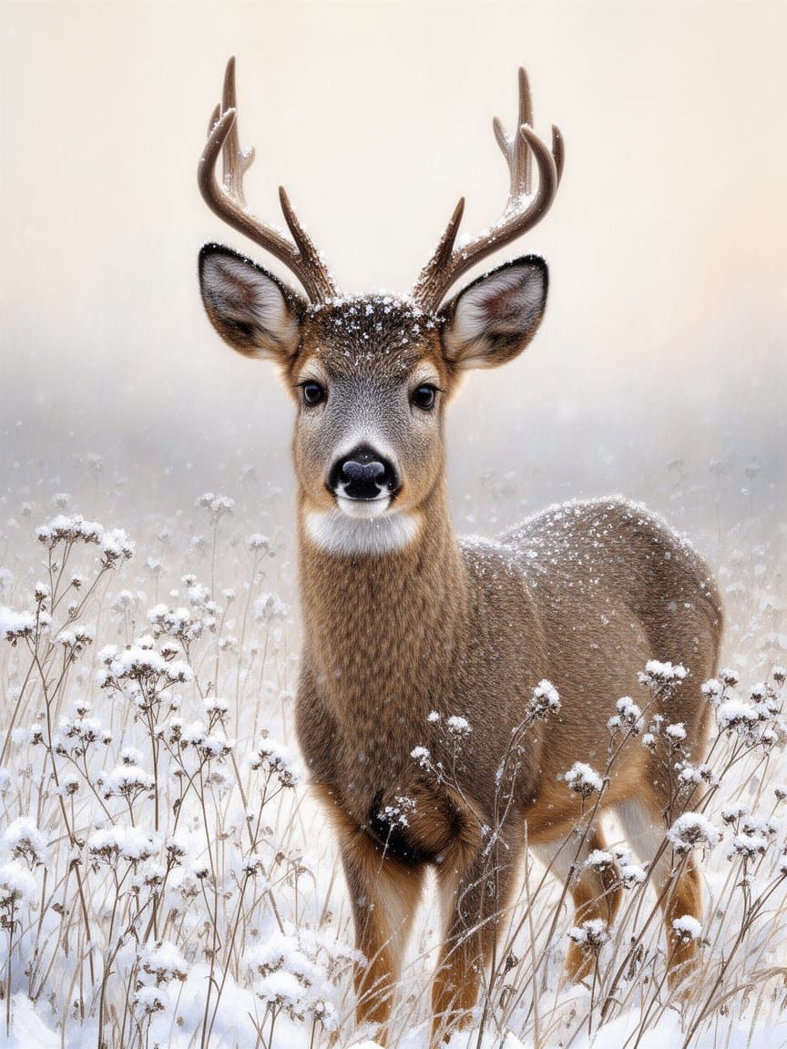 Young Deer in Snowy Winter Landscape