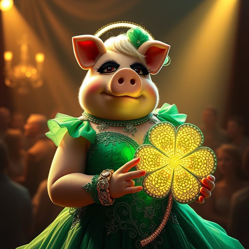 Miss Piggy in Emerald Green Evening Gown with Glittering Fou...