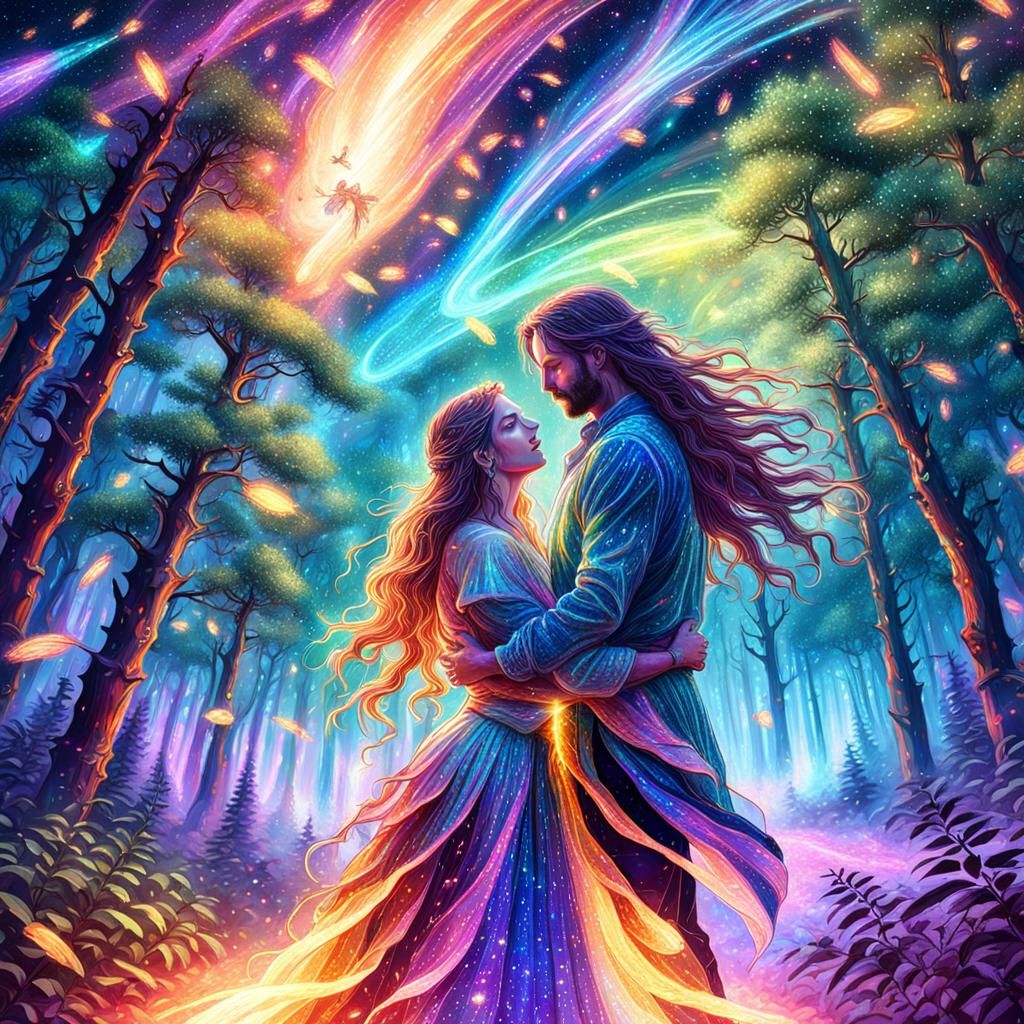 Magical Couple Embrace in Rainbow Light Tornado