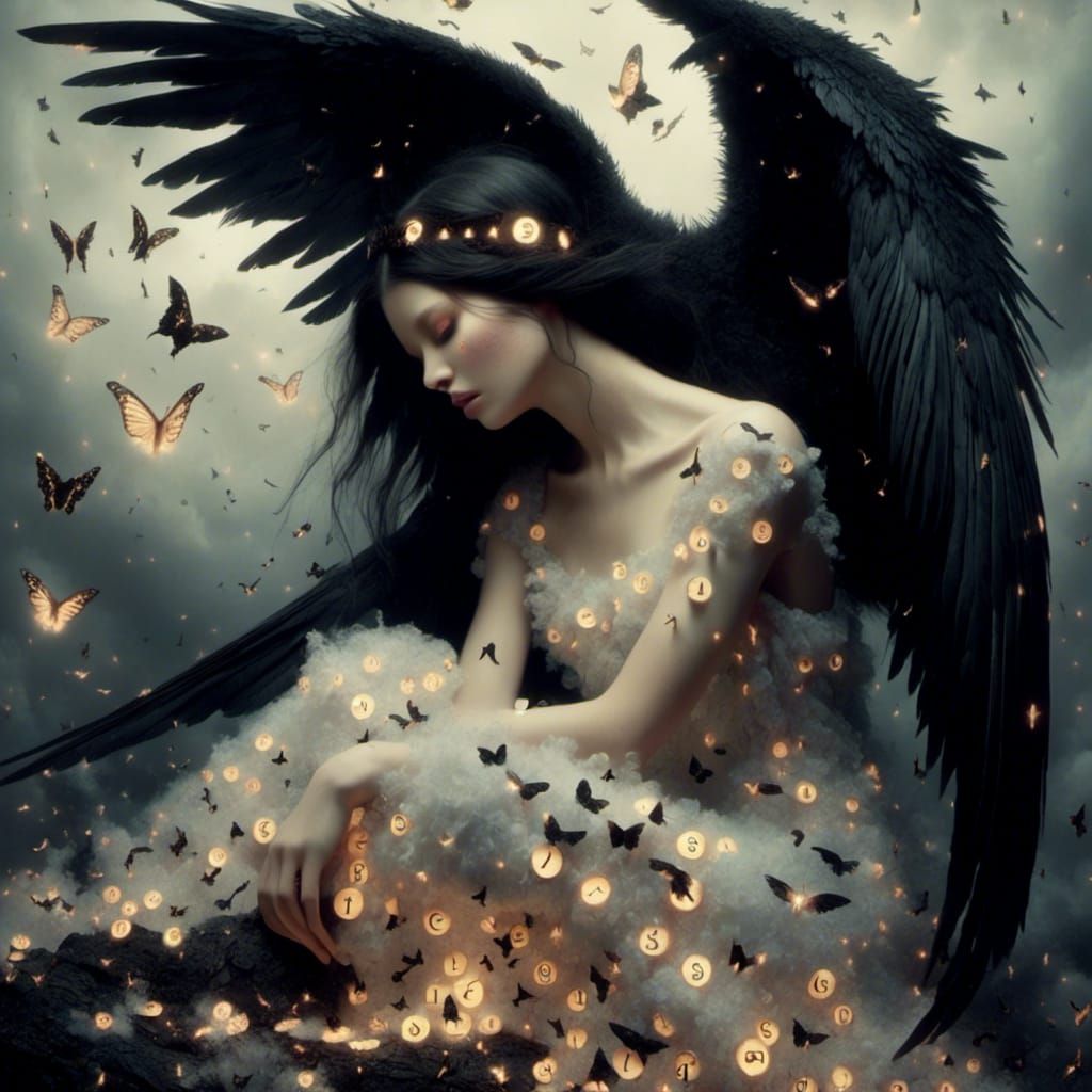 Surreal Woman with Black Wings Digital Portrait