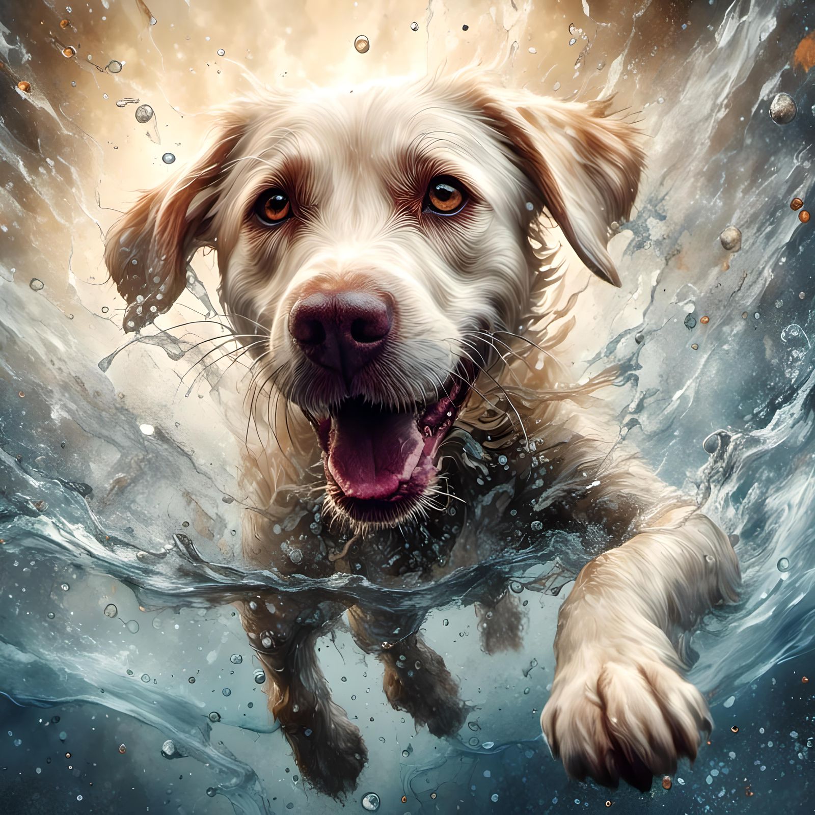 Joyful Labrador Running Through Puddle in Neon Grunge