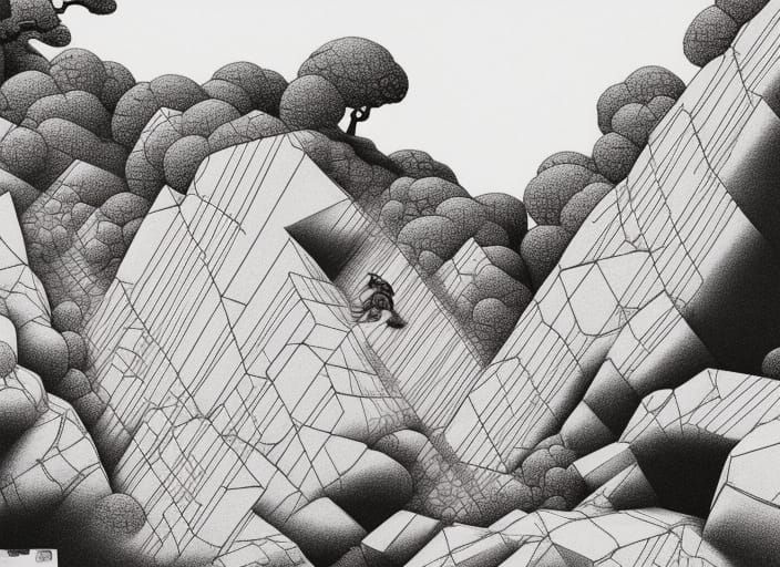 Sisyphus's Labor: Charcoal Drawing in Ukiyo-e Style