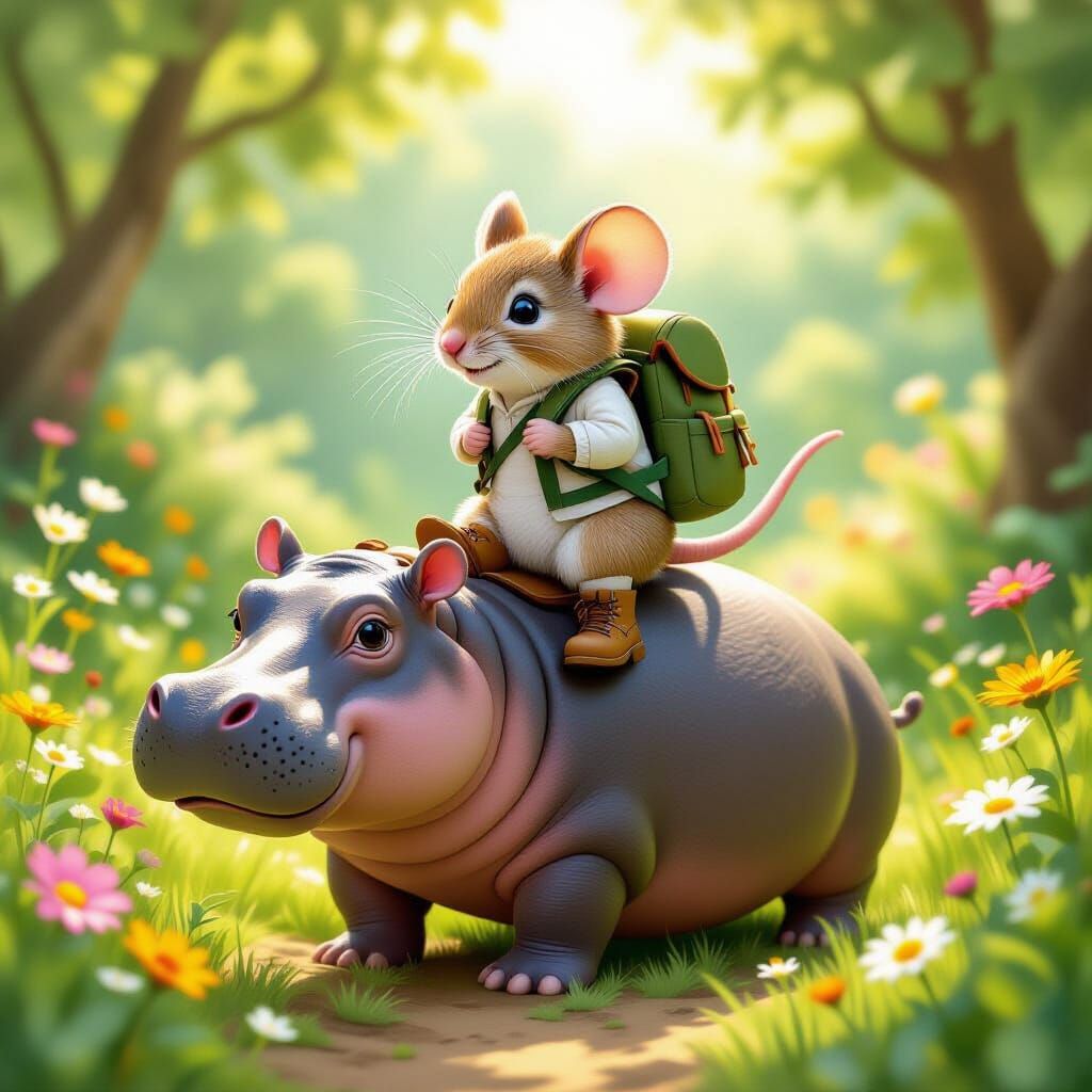 Cute Mouse on Hippo in Wild, Beatrix Potter Style