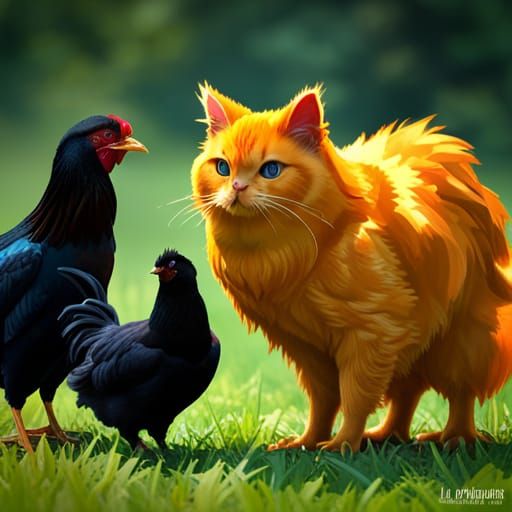 Orange Cat and Silkie Chickens, Hyperdetailed Concept Art