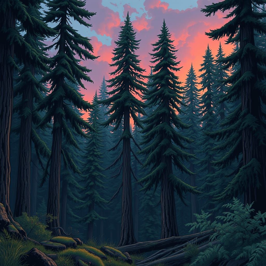 Primeval Forest at Twilight in Comic Book Style