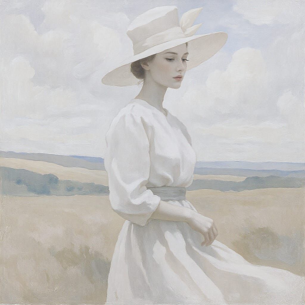 Elegant Woman in Serene Landscape, Dreamy Digital Art