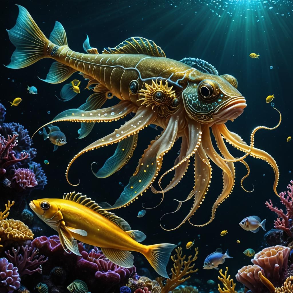 Bioluminescent Deep-Sea Fish and Squid in Digital Art