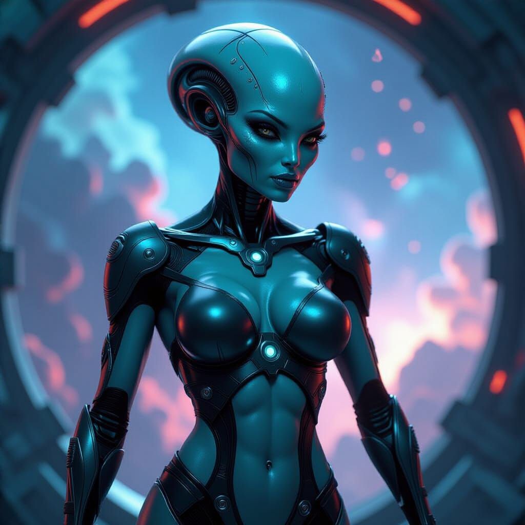Muscular Alien Woman with Advanced Tech in Cosmic Expanse
