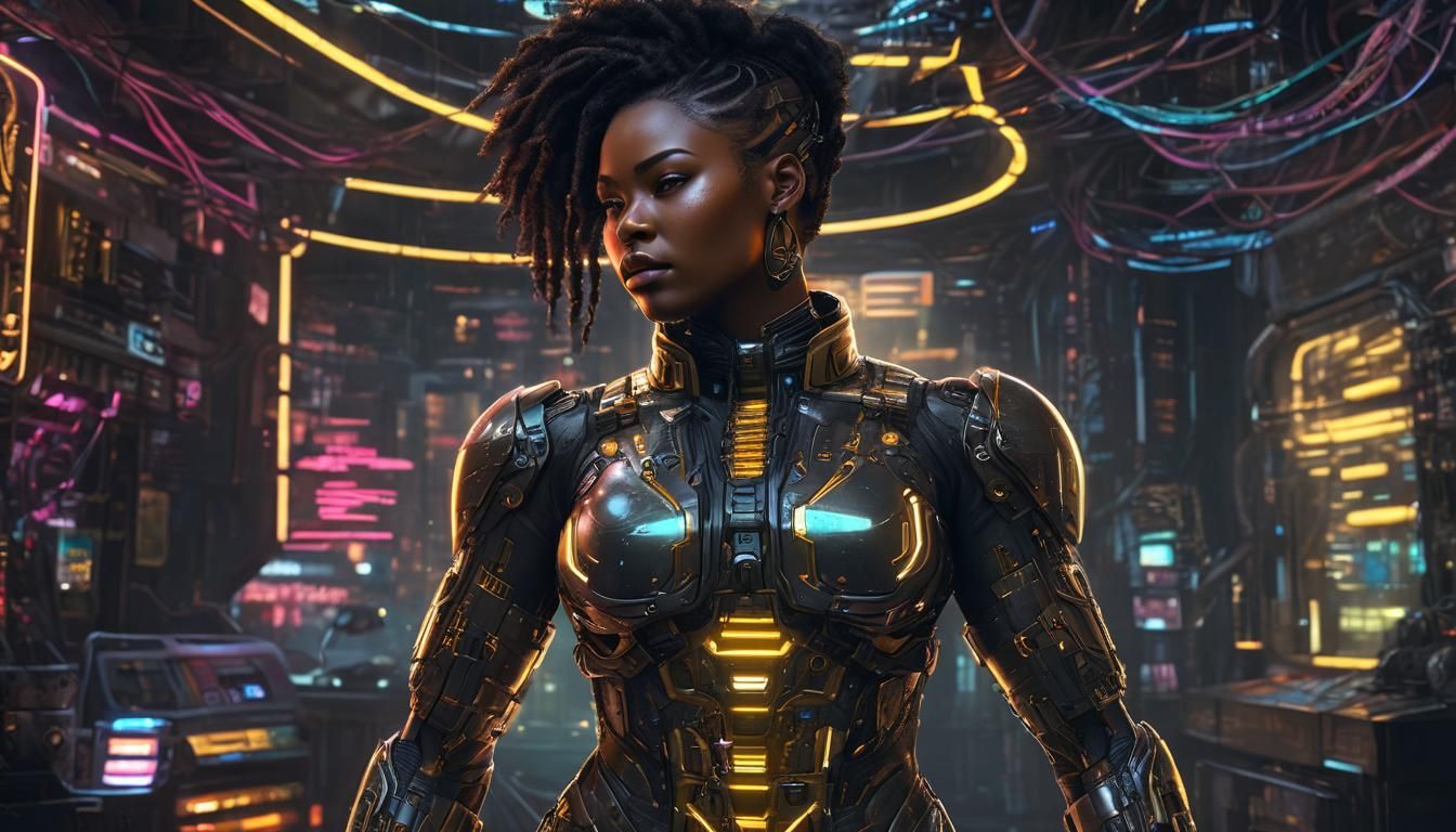 Empowering Cyberpunk Cyborg Portrait in Metallic Robot Suit