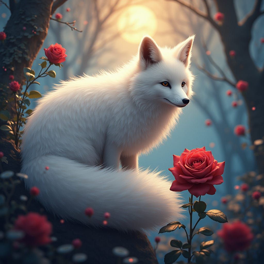 Whimsical Fox and Enchanted Rose in Dreamlike Art Nouveau La...