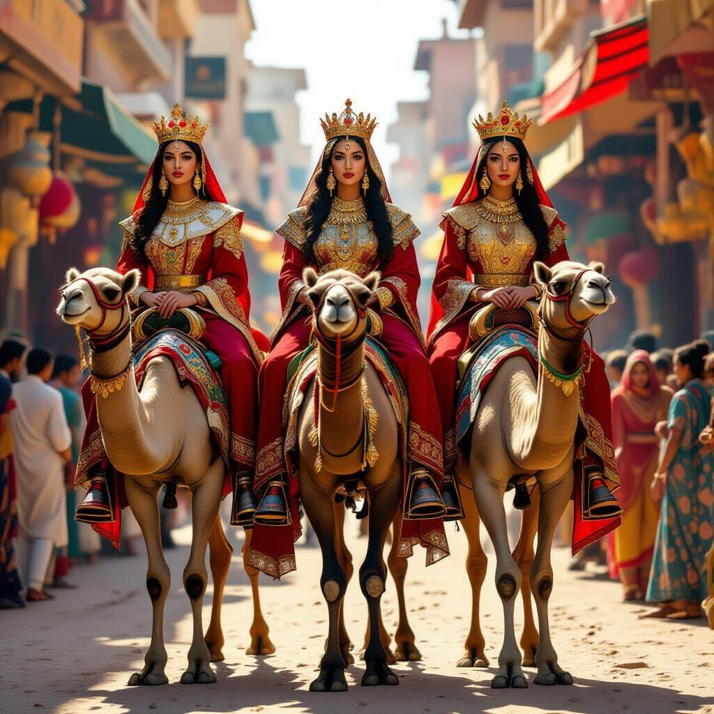 Regal Queens on Camels in Bustling Marketplace