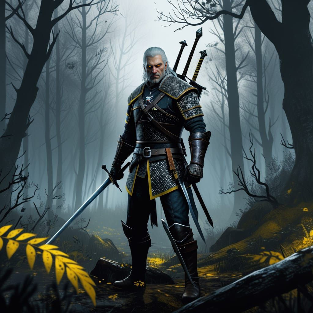Geralt of Rivia in Dark Forest with Glowing Eyes