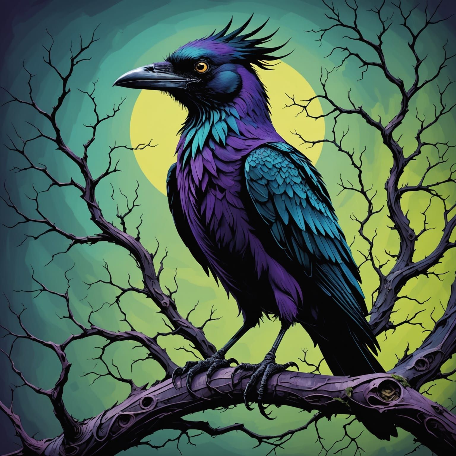 Surreal Gothic Crow Sits Amidst Twisted Tree Branches