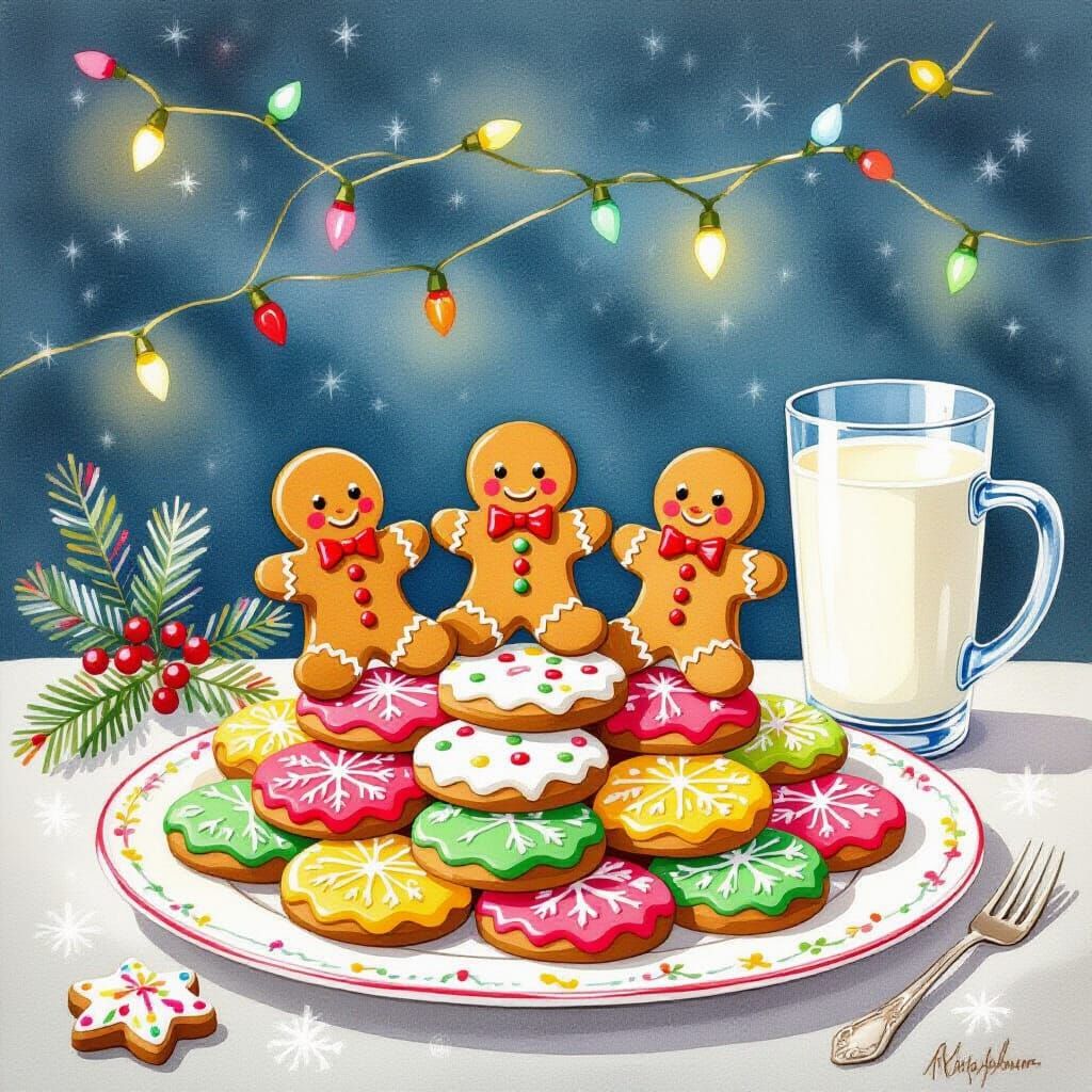 Whimsical Gingerbread Boys on Christmas Plate Illustration