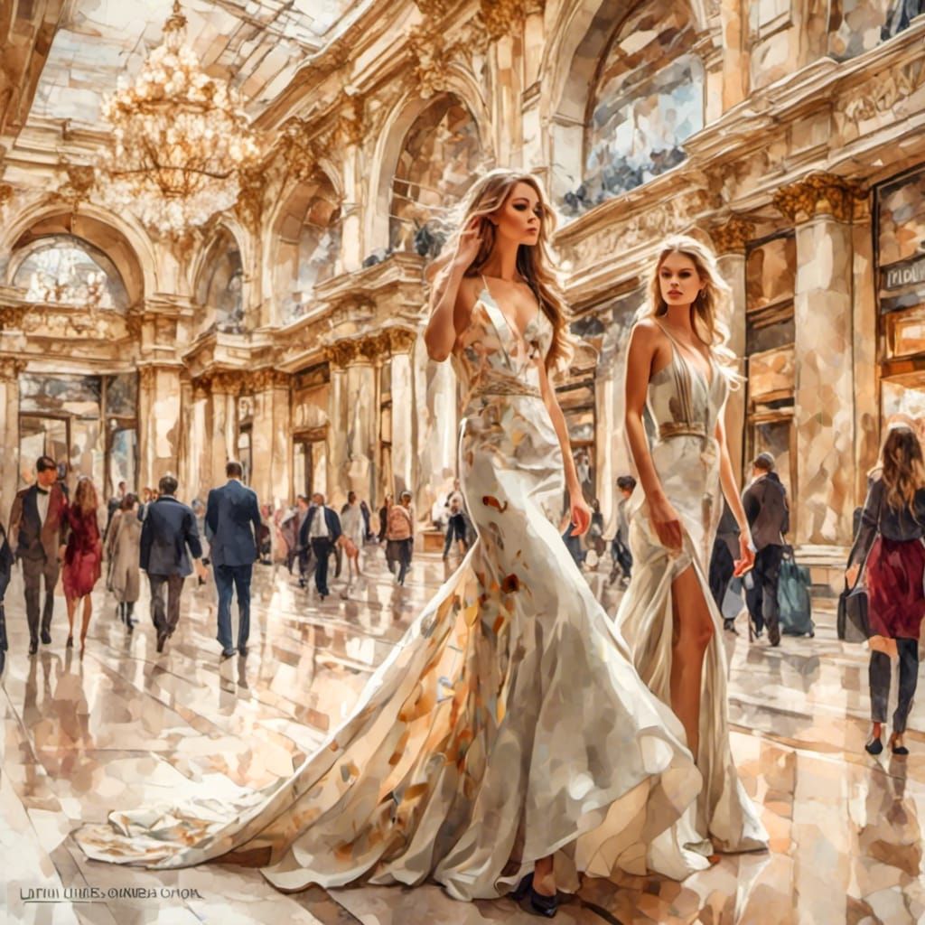 Elegant Women Shopping in Art Nouveau Gallery